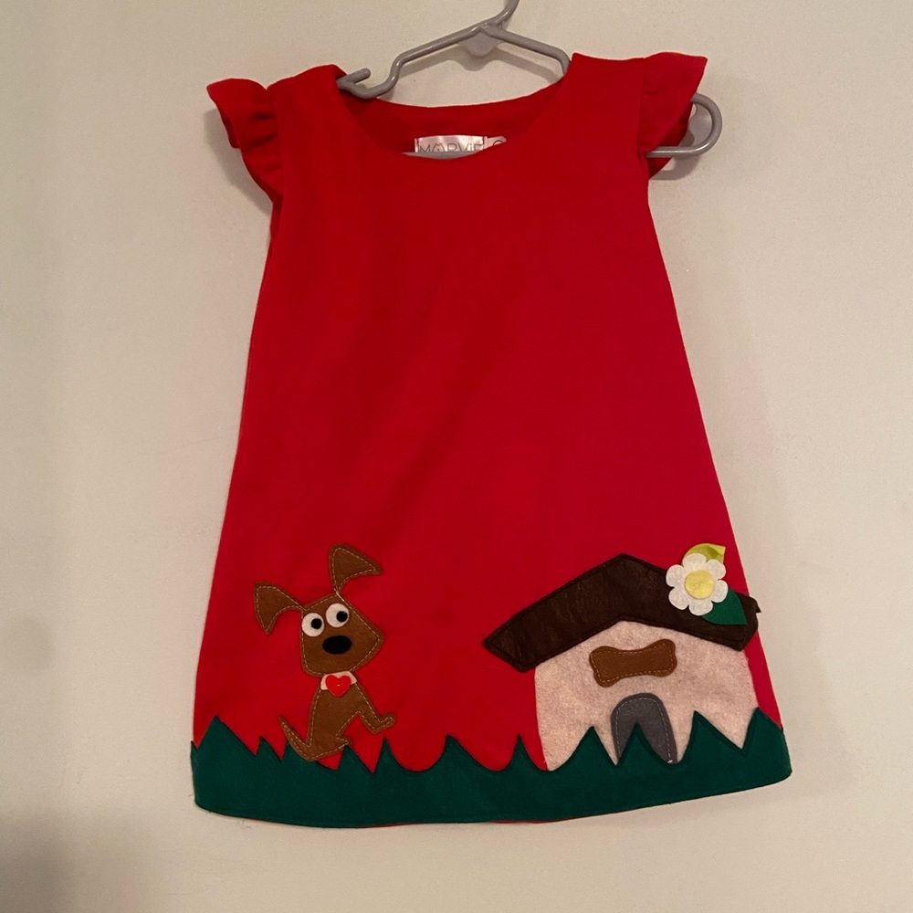 Handmade Red Dress with Dog and House Appliqué
